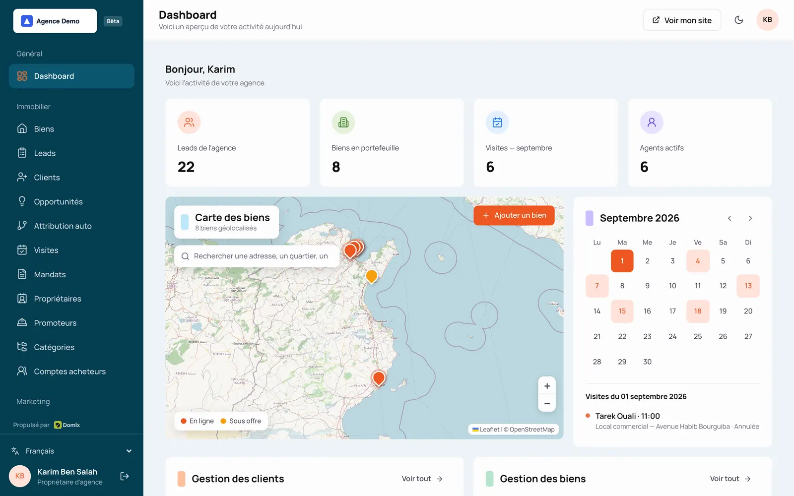 Détail du tableau de bord : la carte des biens de l’agence, avec la recherche d’adresse et les repères par statut