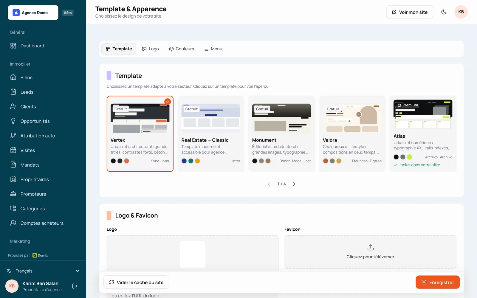 Le catalogue des thèmes dans le back-office Domix : chaque thème avec sa vignette, sa description, ses couleurs et ses polices, et la mention gratuit ou premium