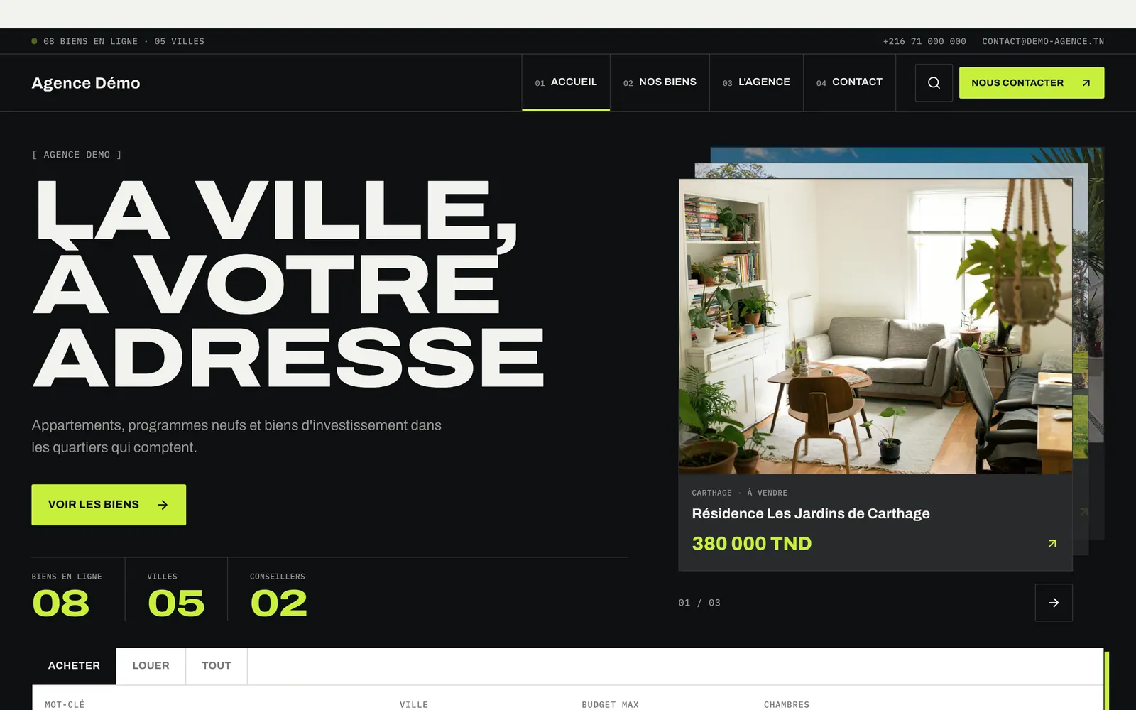 La page d’accueil d’un site d’agence avec le thème Atlas