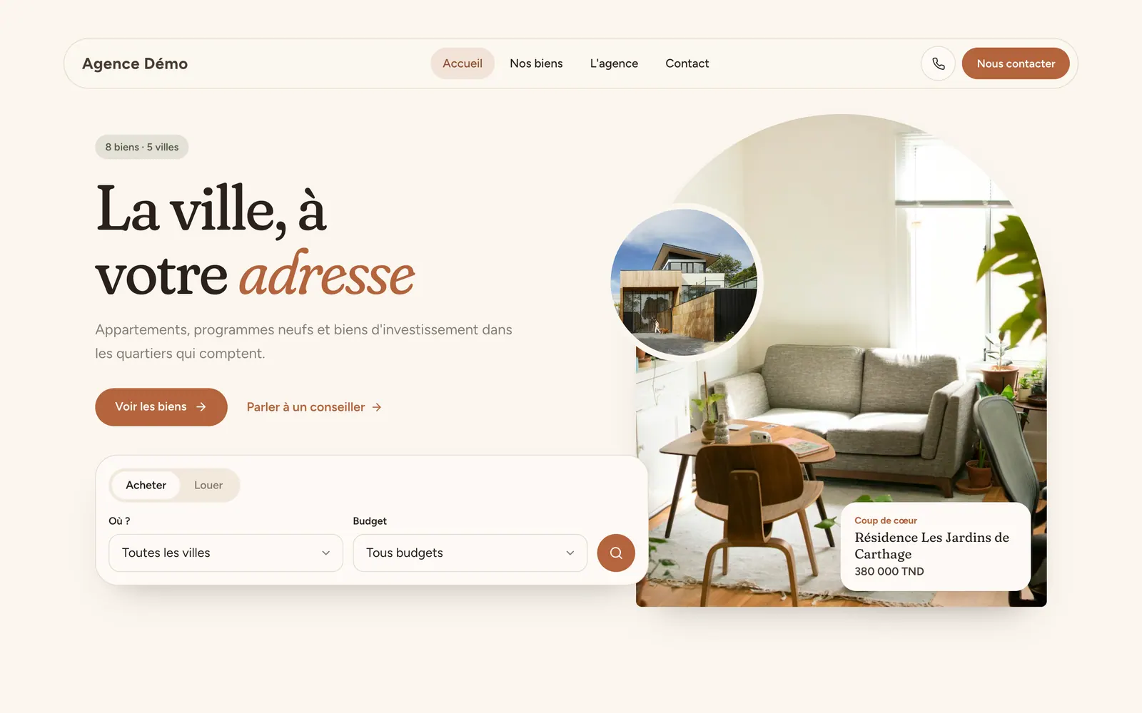 La page d’accueil d’un site d’agence avec le thème Velora